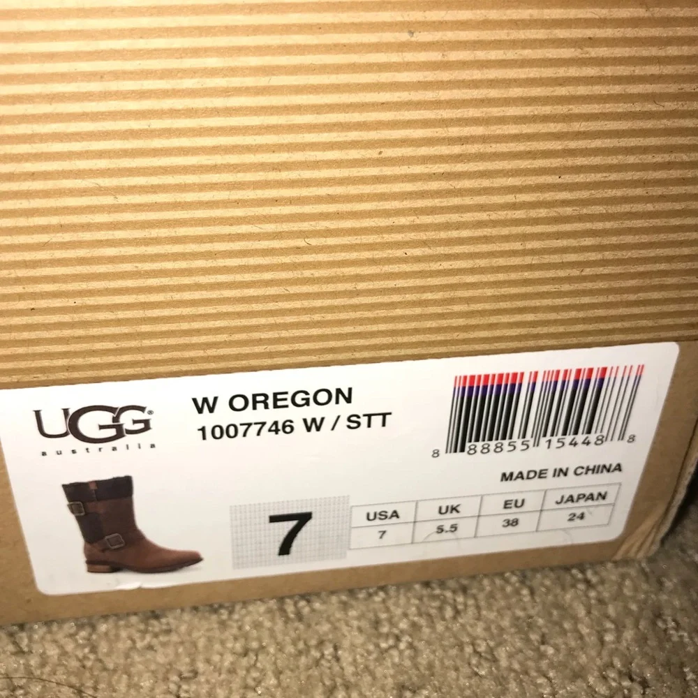 UGG Brown Leather Mid-Calf Shearling-Lined Boots with Buckle